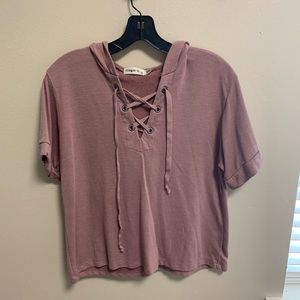 Pink Short Sleeve Hooded Shirt with Lace up Front